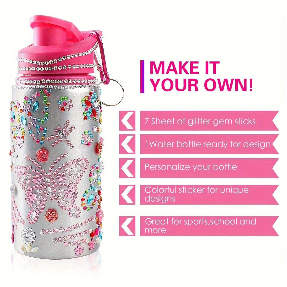 Reusable Water Bottle 20 Oz with Rhinestones and Glitter Personalizable BPA-Free