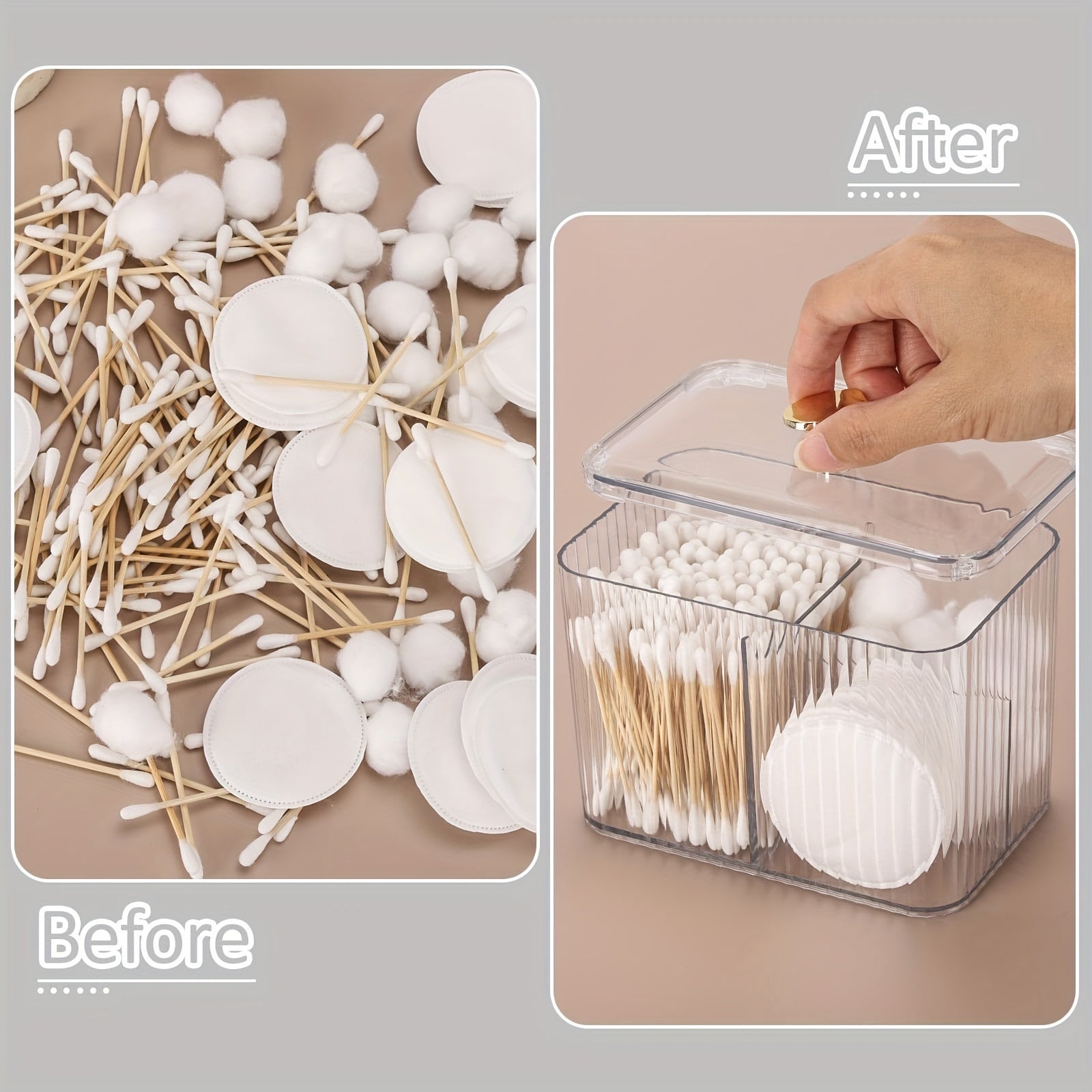 Ochiq plastmassa hammom uchun saqlash tashkilotchisi, paxta cho'tkalar, padlar va to'pchalarga mo'ljallangan, joyni tejovchi