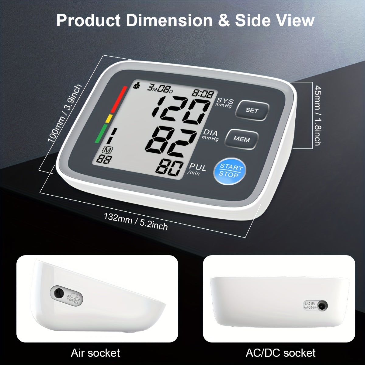 Digital Blood Pressure Monitor with Upper Arm Cuff 22.1-43.18cm for Home Use