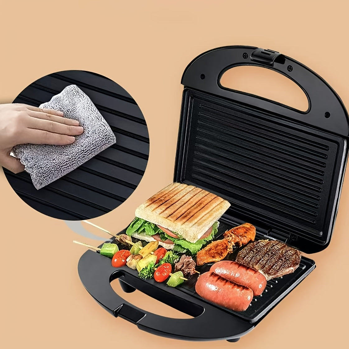 Uyda tuxum pishirish uchun yopishmaydigan panlar, LED ko'rsatkichlar va sovuq tutqichlar bilan 1 ta sendvich tayyorlagich, toster va panini press.