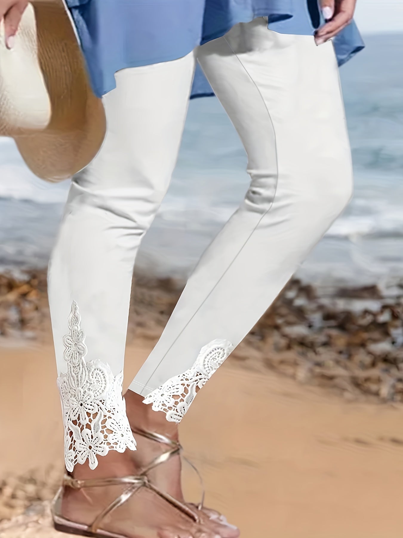 Plus Size Contrast Lace Solid Leggings Women's Casual Stretchy Pants