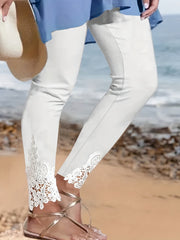 Plus Size Contrast Lace Solid Leggings Women's Casual Stretchy Pants