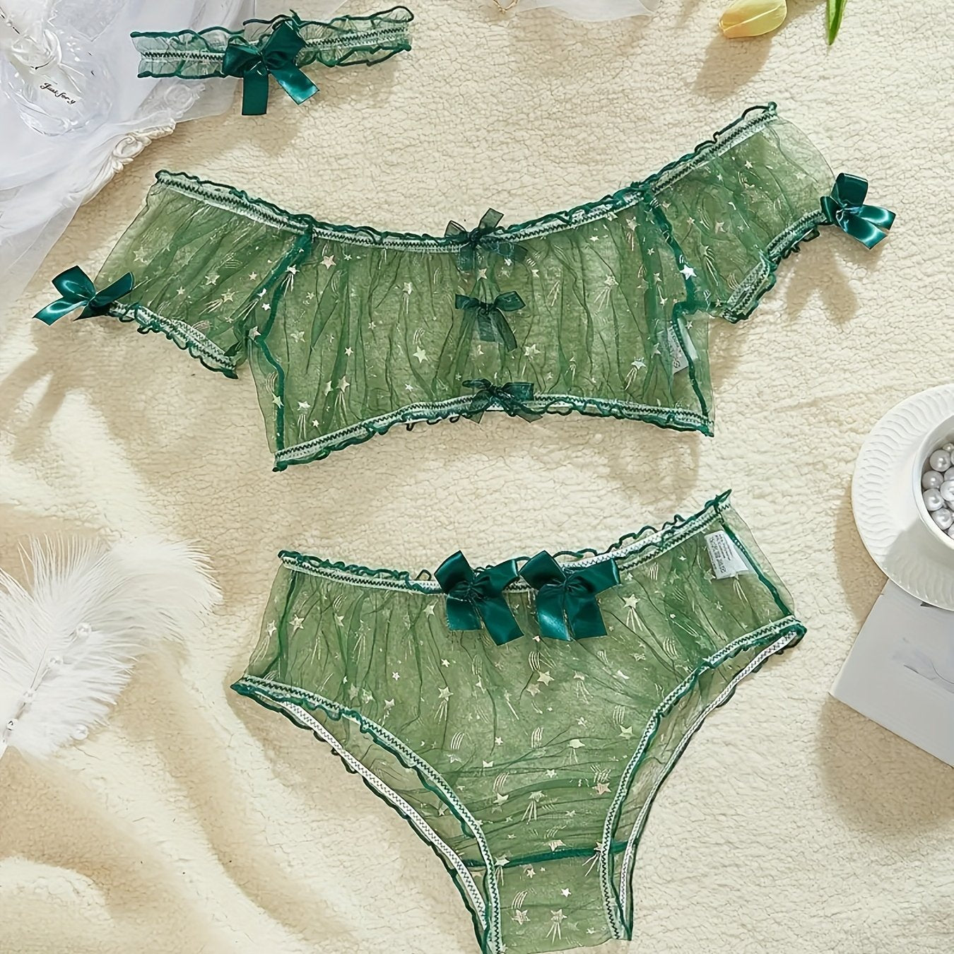 Sheer Lingerie Set with Bow Detail Bra Panty Garter Belt Breathable Polyester for Romantic Occasions