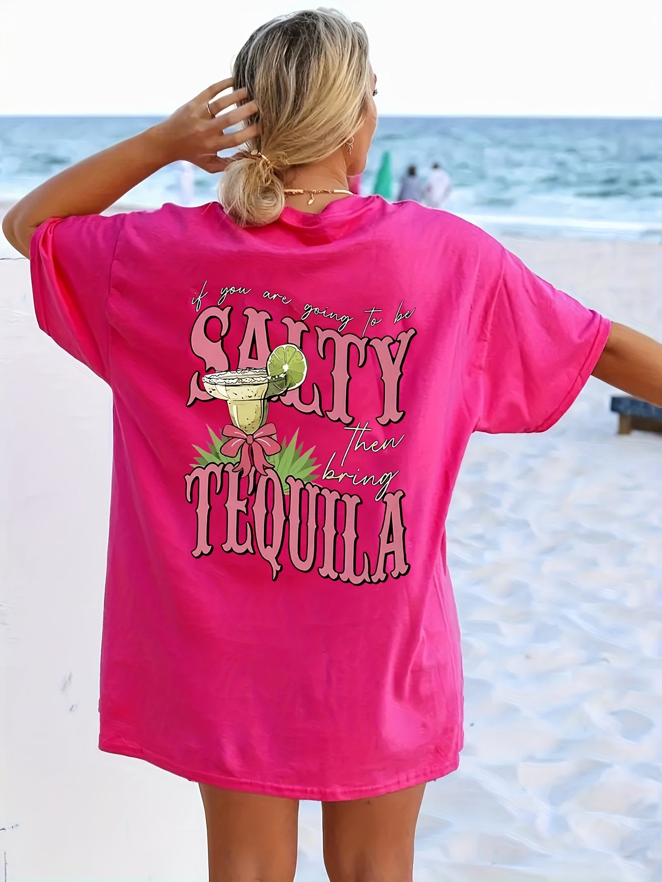 Plus Size Women's Pink Graphic T-Shirt Short Sleeve Summer Beach Wear