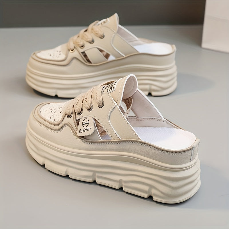 Women's Breathable Platform Mule Sneakers with Cutout Design and Lace-Up Closure