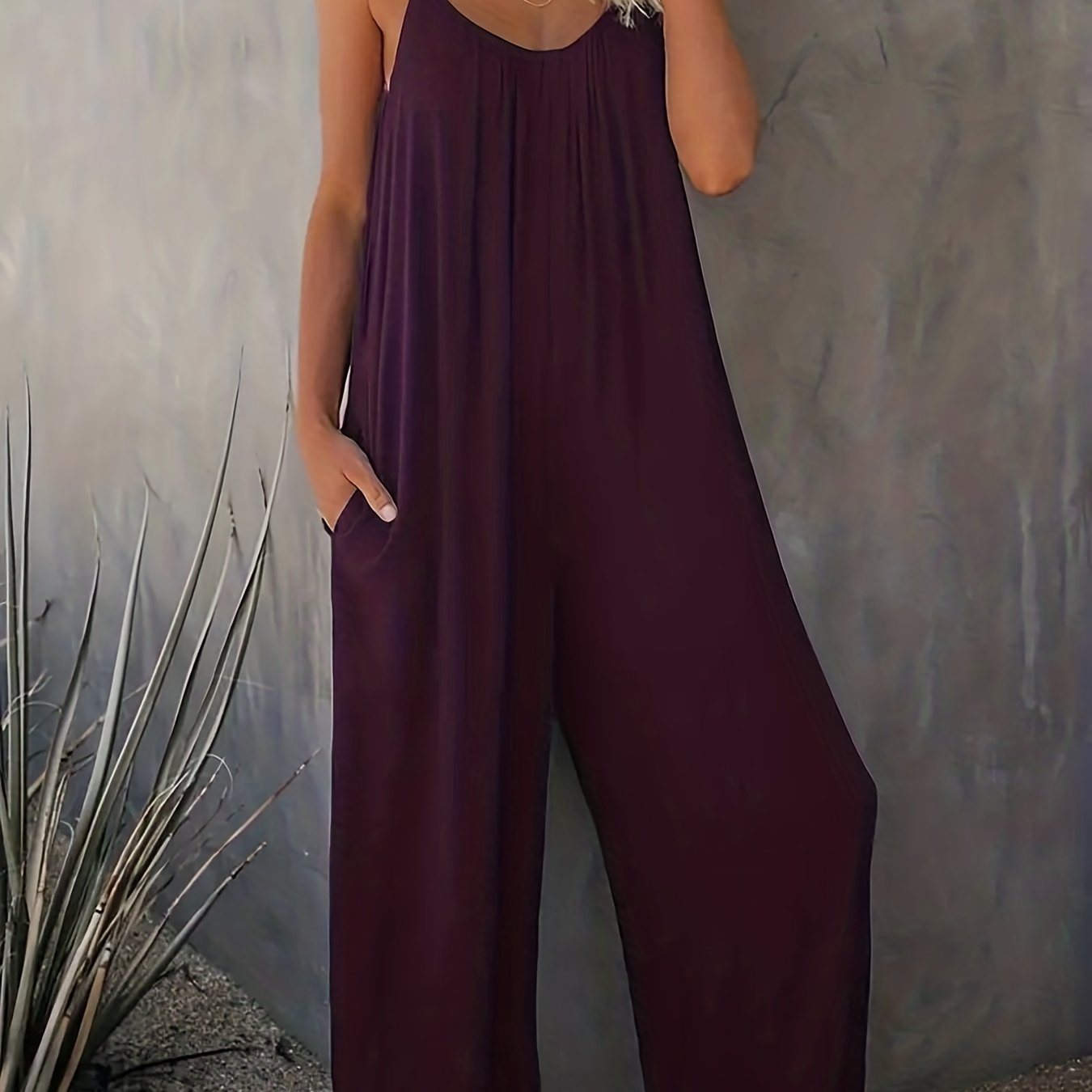 Plus Size Women Solid V Neck Wide Leg Summer Cami Jumpsuit