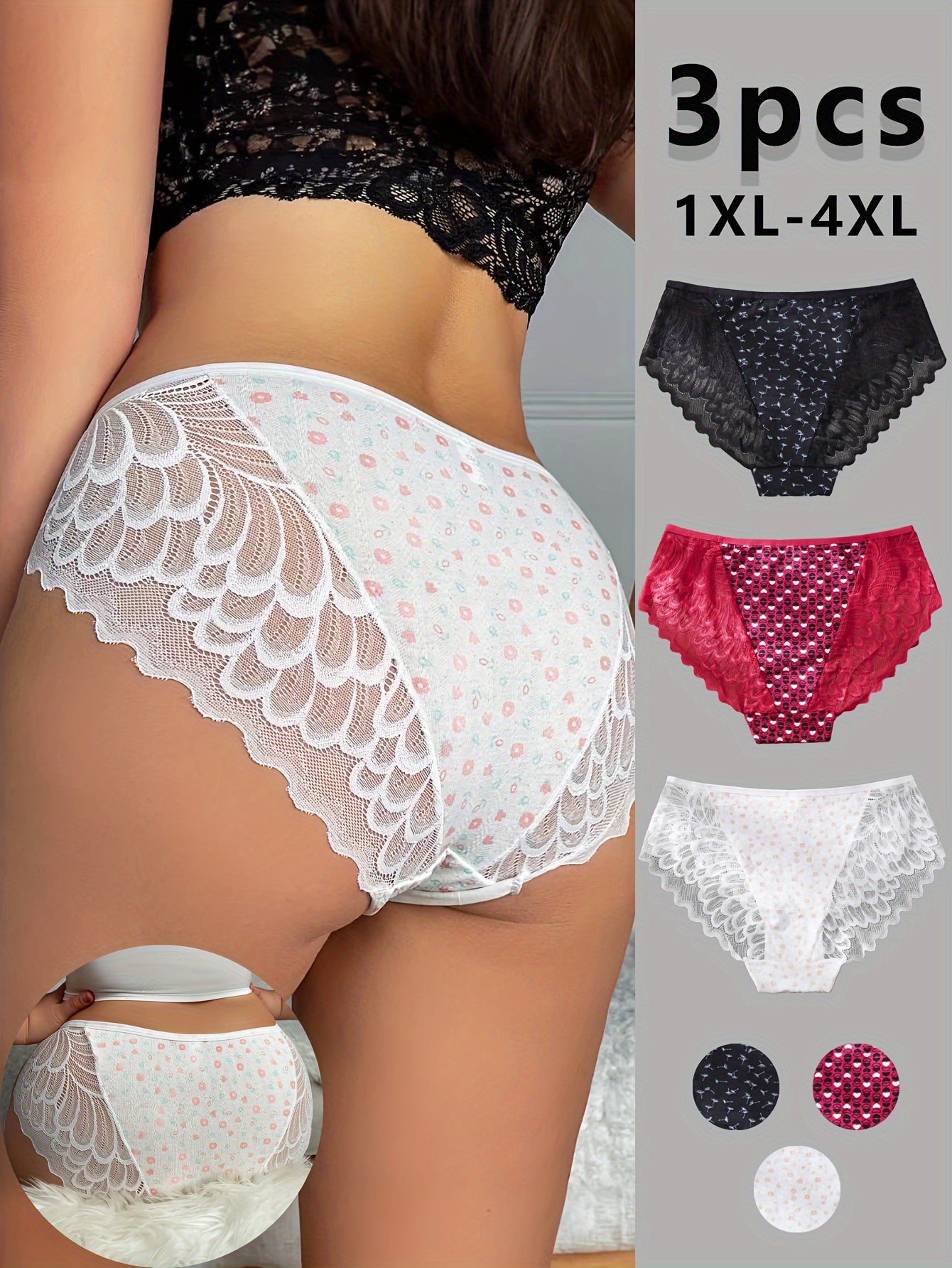 Women's High-Waist Lace Panties 3-Pack Floral Heart Print Stretch Briefs