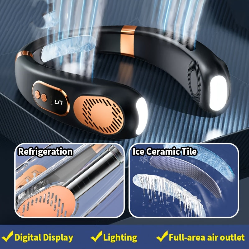 Portable Neck Fan with 7-Color LED Lights, Dual Turbo Outlets, 5-Speed