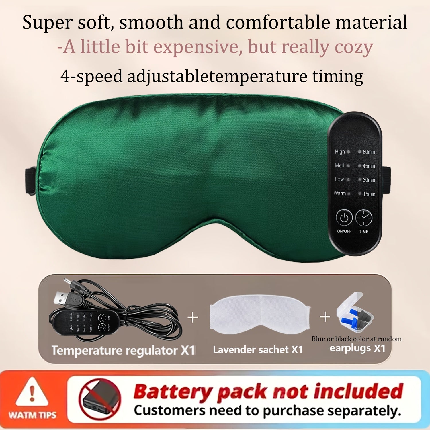 USB Heated Eye Mask with Adjustable Temperature, Includes Ear Plugs and Scented Bag