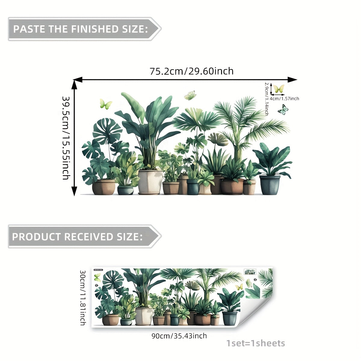 Adhesivo de pared con motivos de vegetación y mariposas para decoración de baño 30x90cm