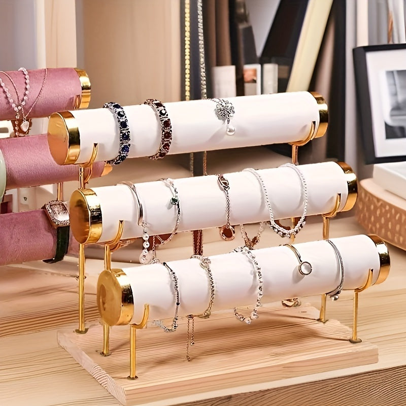 Stylish 3-Tier Jewelry Display Stand in Gold Tone with Wooden Base for Watches and Accessories