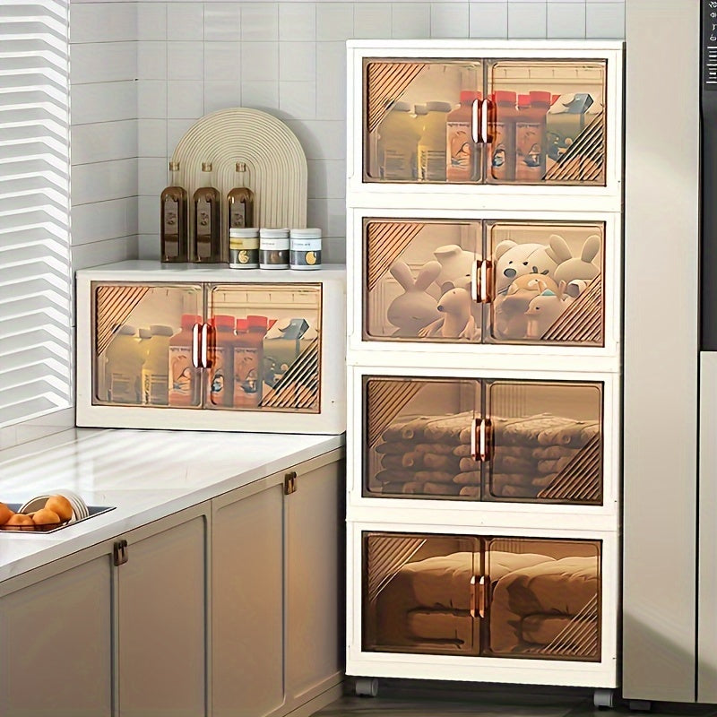 Foldable Plastic Storage Organizer with Doors and Wheels for Home Use
