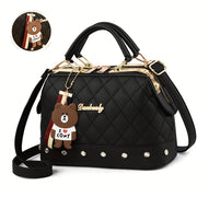 Women's Black Quilted Shoulder Bag with Bear Charm and Detachable Strap