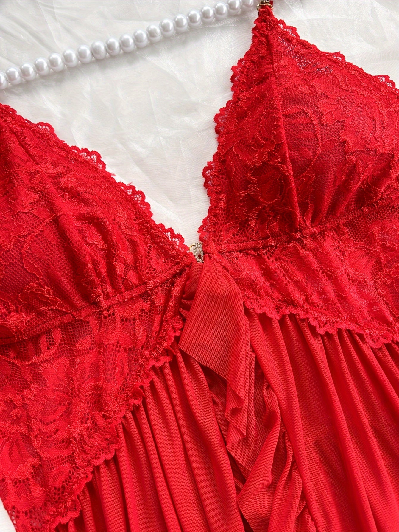 Women's Lace Slip Dress Pajama Set with V-Neck Backless Ruffle Hem and Shorts All-Season Breathable Polyester Blend