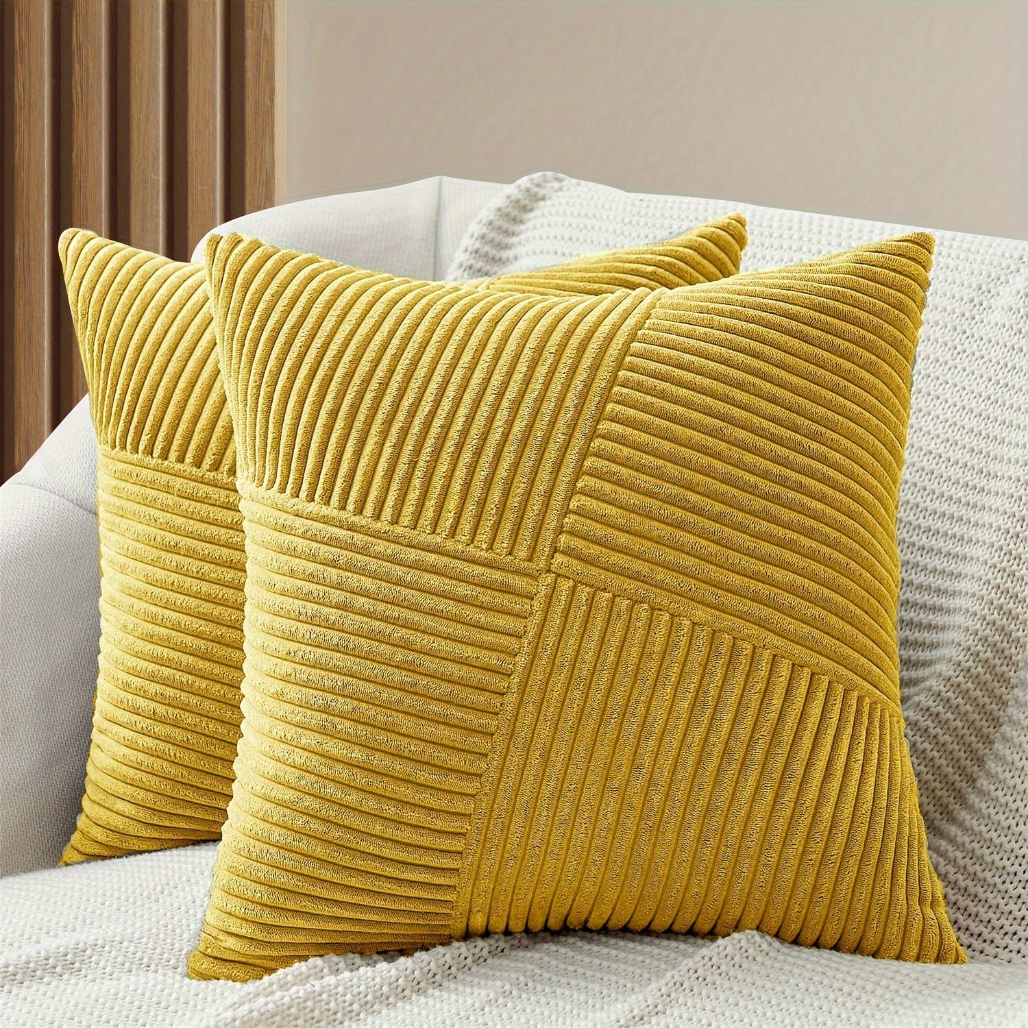 Bohemian Style Corduroy Throw Pillow Covers 2-Pack 45.72x45.72 cm Zippered Polyester Square Cushion Cases for Sofa Bed