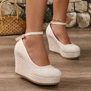 Women's Flax Fabric Pumps with Rubber Sole, Ultrahigh Platform Heel