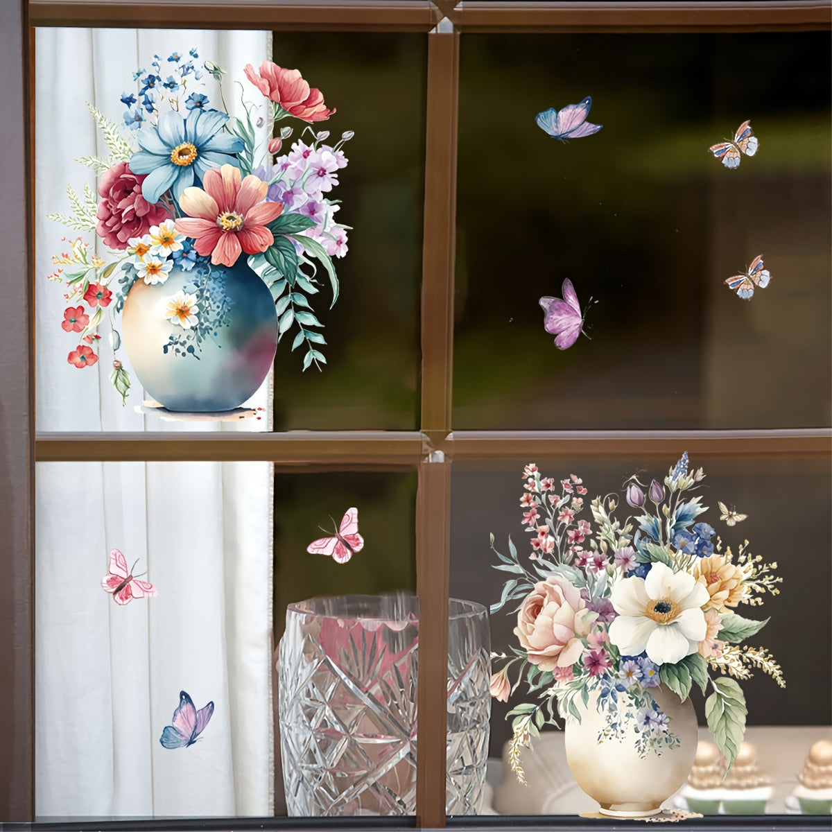 Juego de 2 pegatinas electrostáticas para ventanas con flores en maceta para decoración del hogar en sala de estar y baño