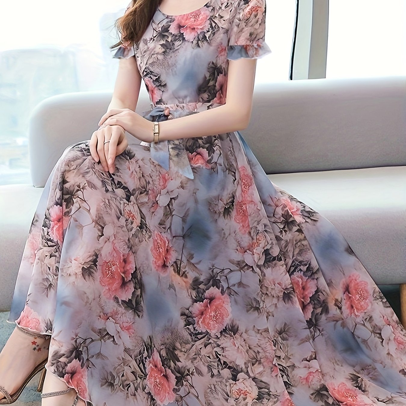 Adult Floral Peony Dress with Semi-Sheer Woven Polyester Fabric and Crew Neck
