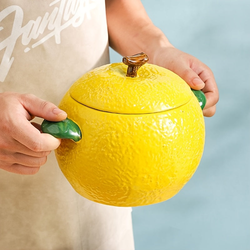 Large Ceramic Lemon-Shaped Pot with Lid for Baking Serving and Storage
