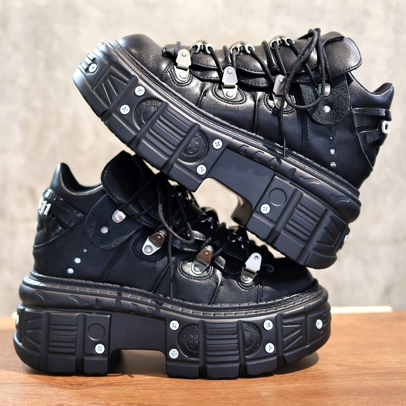 Black Women's Mid-Top Sneakers Waterproof Platform Lace-Up Punk Style
