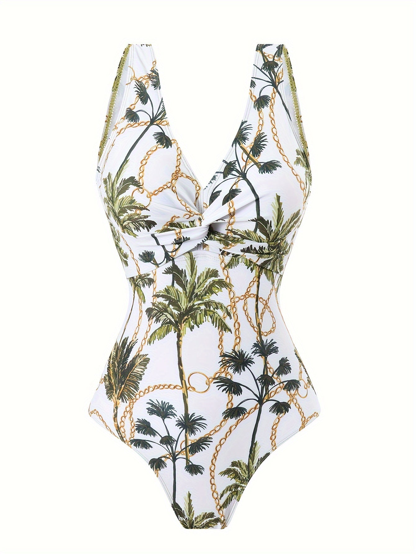 Tropical Palm Print Two-Piece Swimsuit Set with V-Neck Top and Sheer Sarong