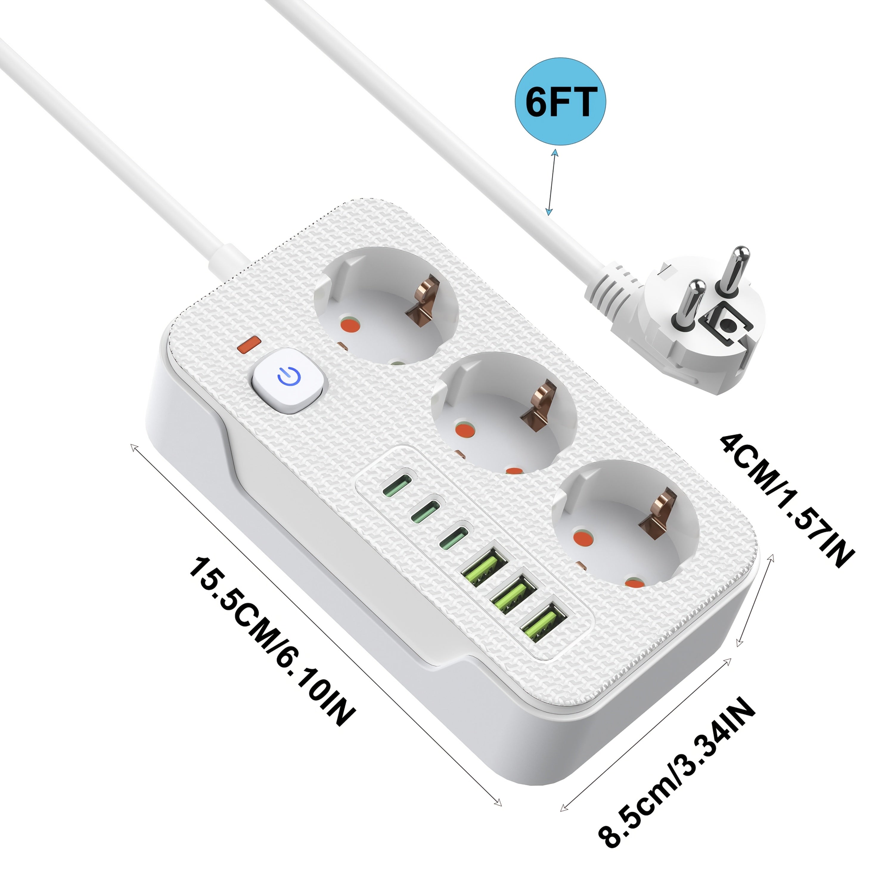 Многофункциональный удлинитель с 3 розетками и 3 портами USB-C для домашнего офиса кухни