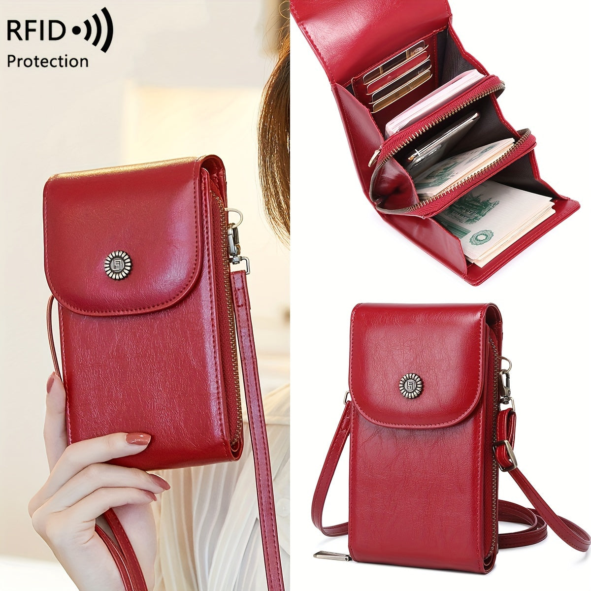 RFID Blocking Crossbody Bag for Women Vintage Red Waterproof Anti-Theft Phone Wallet Organizer