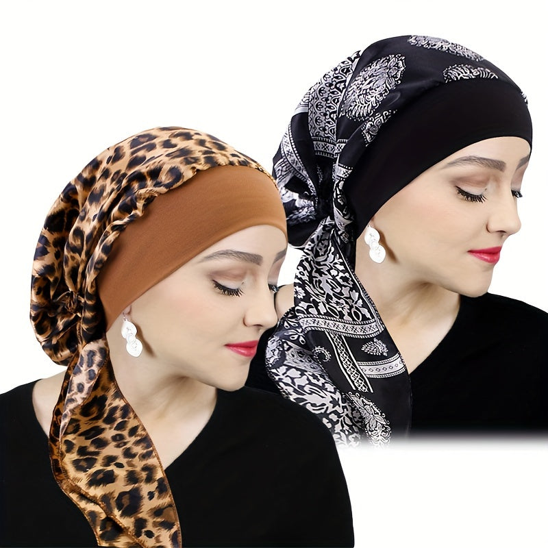 Women's Satin Printed Turban Caps Pack of Two with Stretchy Wide Band for Sleeping and Casual Wear