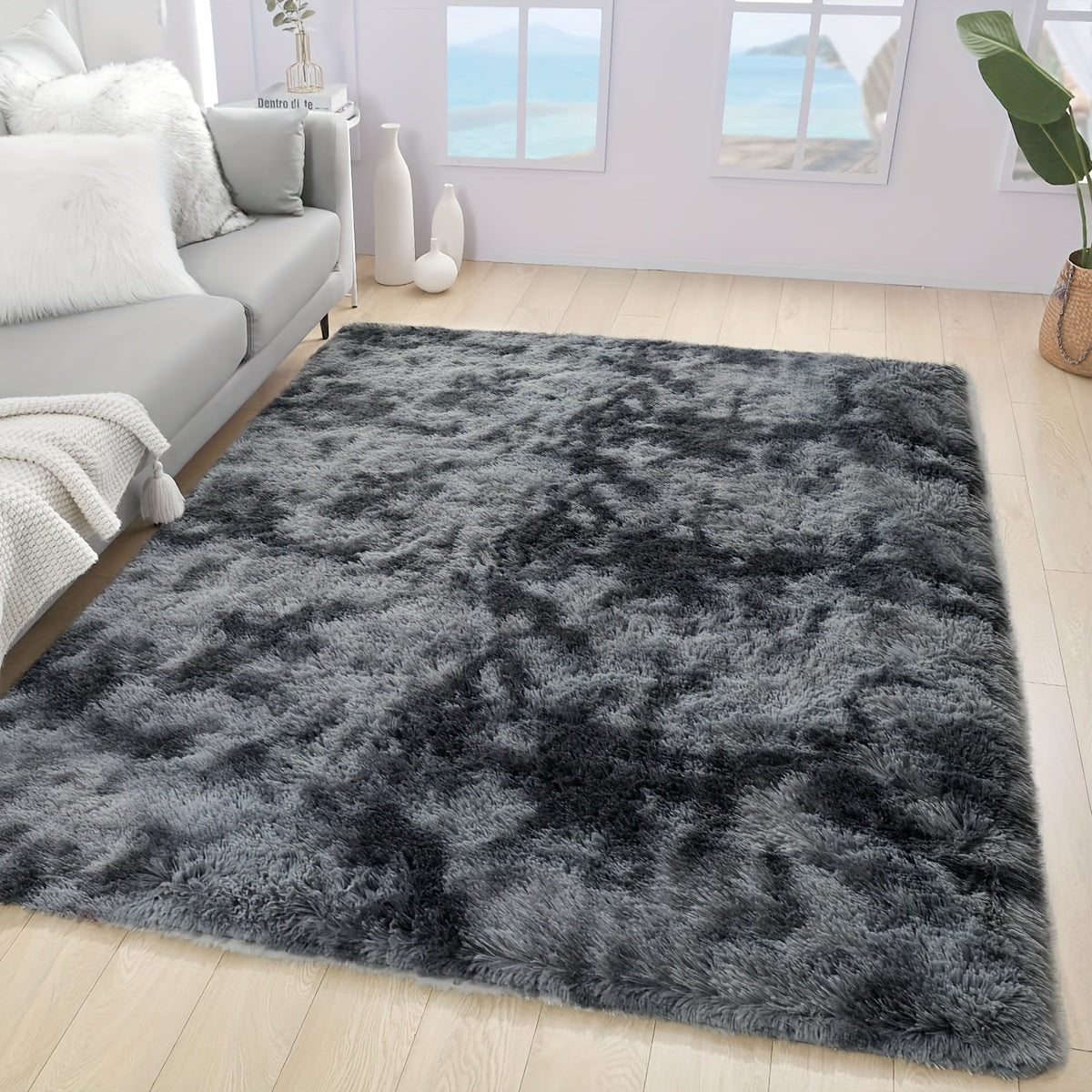 Dark Grey Tie-Dye Plush Area Mat Ultra-Soft Thick Sponge Padding for Living Room Bedroom