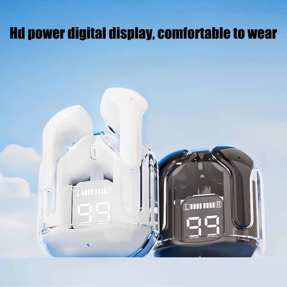 Новые беспроводные внутриканальные наушники с полупрозрачным многоцветным дизайном и LED-дисплеем.