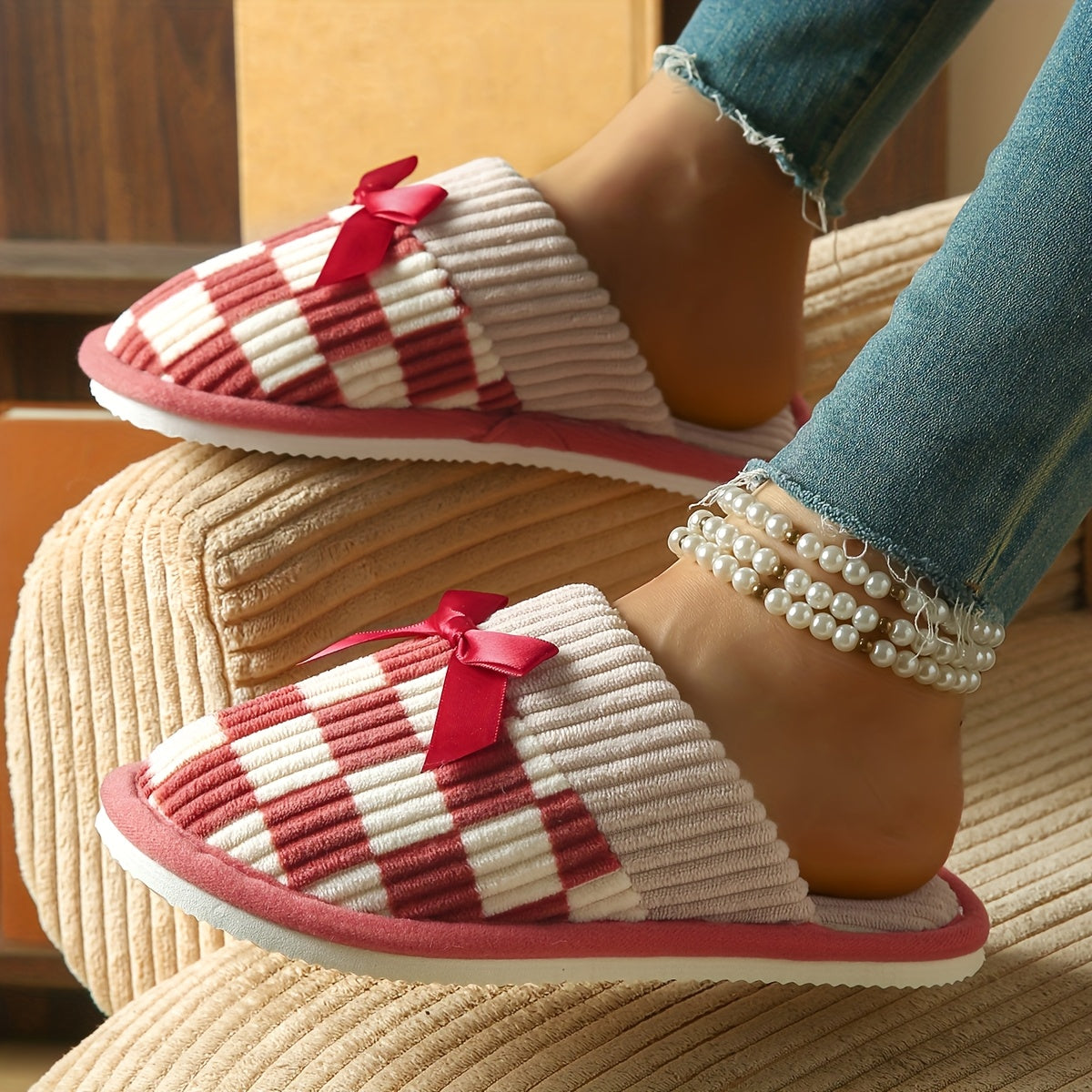 Women's Checkered Knit Slippers with Bow Non-Slip Sole Indoor Comfort