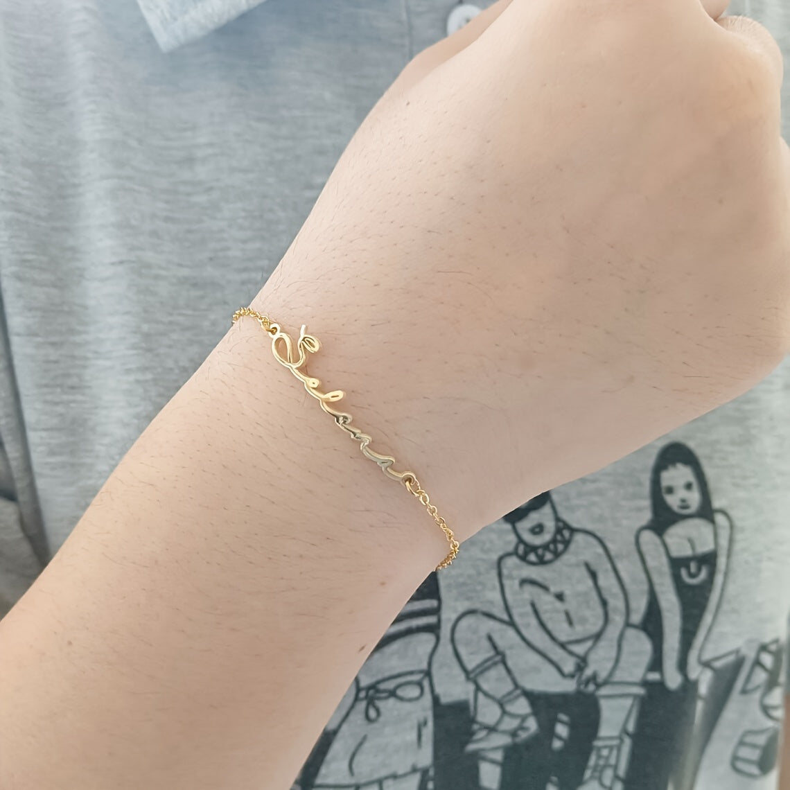 Personalized Gold and Stainless Steel Bracelet for Women Elaine Cursive Font Elegant Jewelry