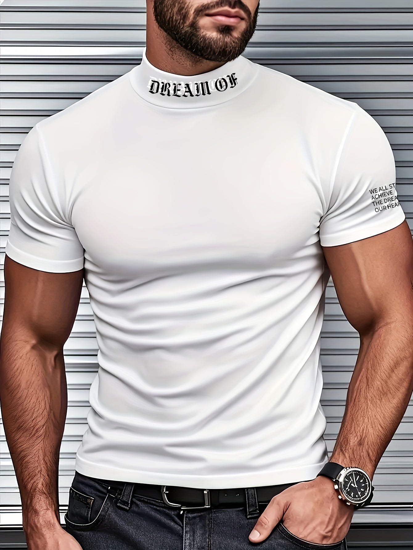 Men's Short Sleeve T-Shirt with Random Print and Stand Collar Polyester Spandex Slim Fit