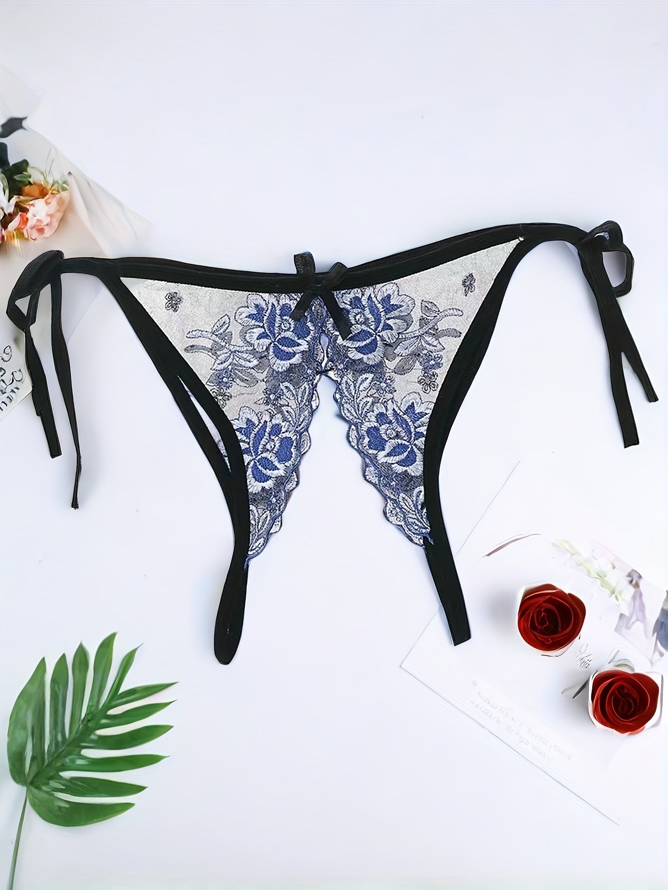 Women's Embroidered Floral Garter Thong Panties with Adjustable Slit and Knit Fabric