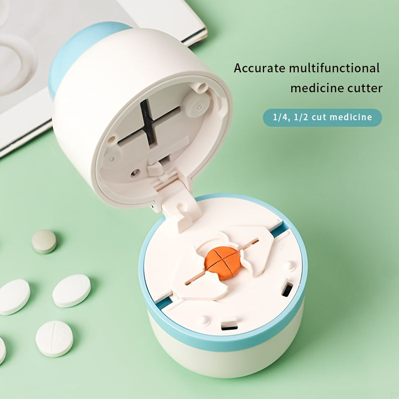 Oson dozajni boshqarish uchun ichki pichoq bilan jihozlangan portativ tabletkalarni kesish va bo‘lish uchun mo‘ljallangan ixcham dori qutisi.