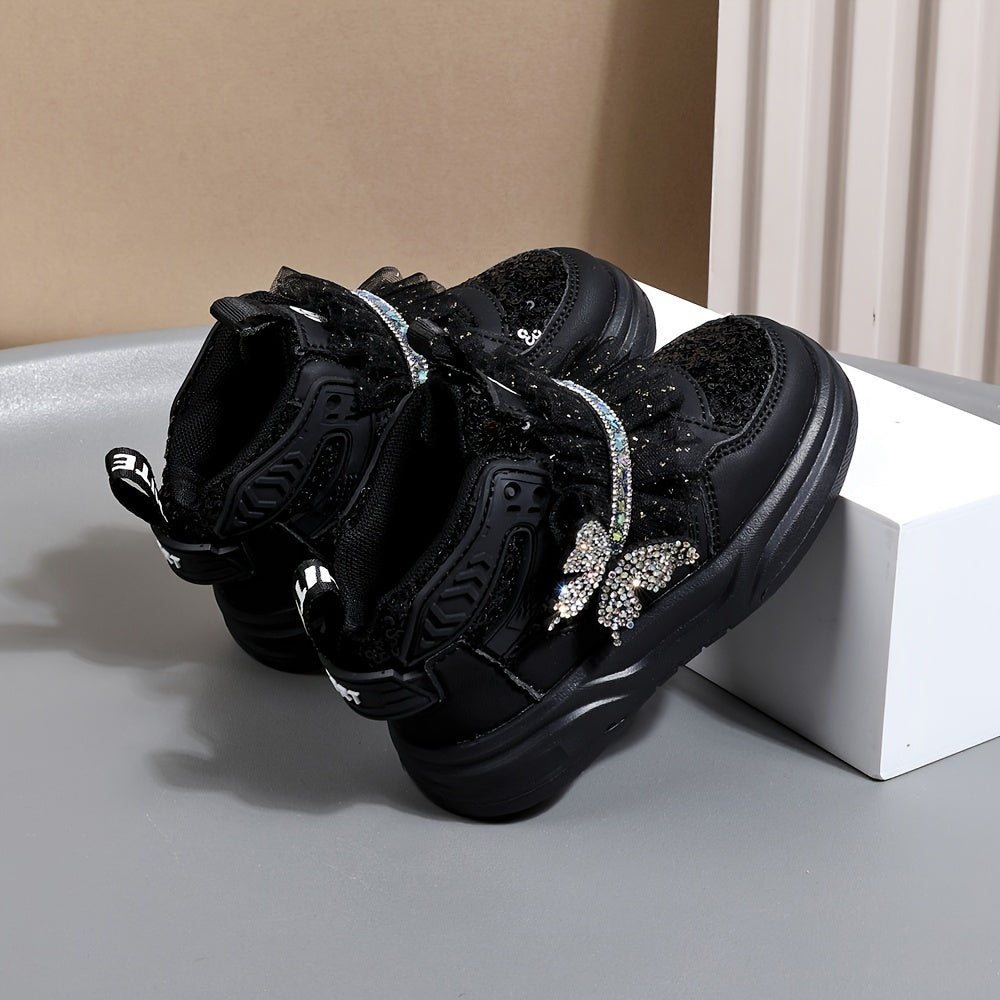 Girls' Mid-Top Sequin Rhinestone Bow Sneakers Casual Street Party Shoes