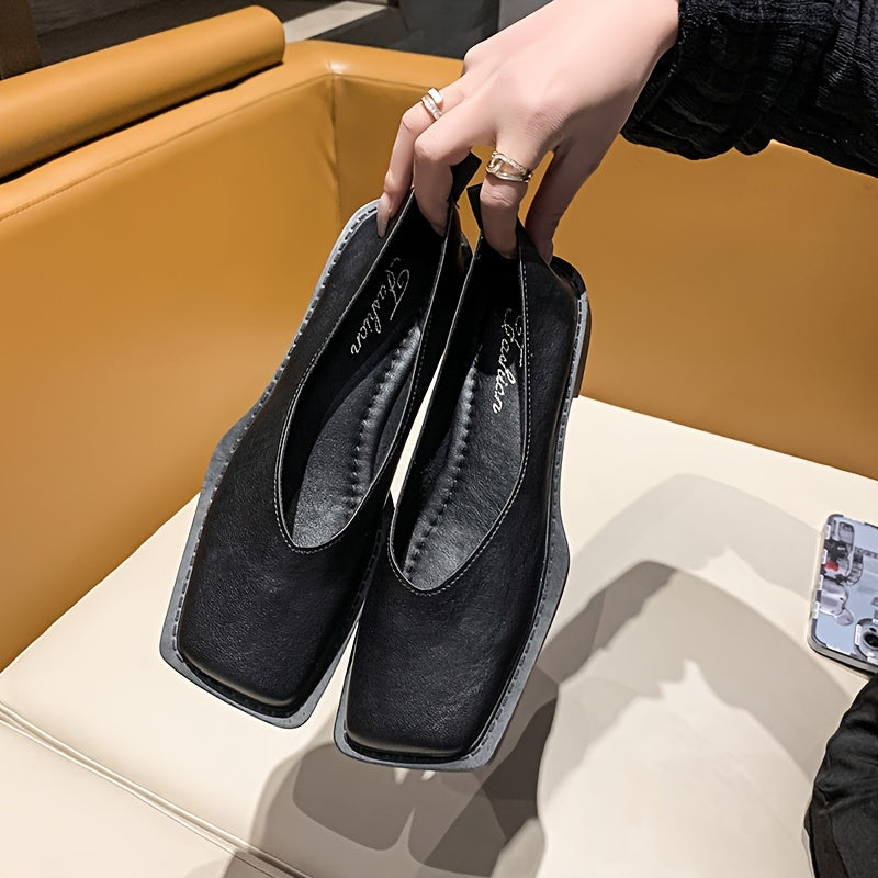 Ayollar uchun Slip-On kvadrat barmoqli balandligi sintetik past blok poyabzal, kundalik kiyim uchun oyoq kiyim