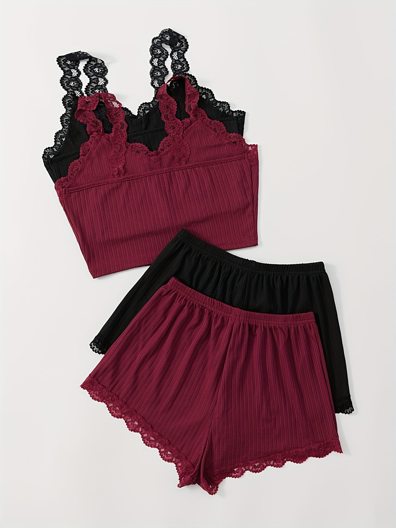 Women's Ribbed Lace-Trim Pajama Set V-Neck Cami Top Drawstring Shorts Multiple Colors