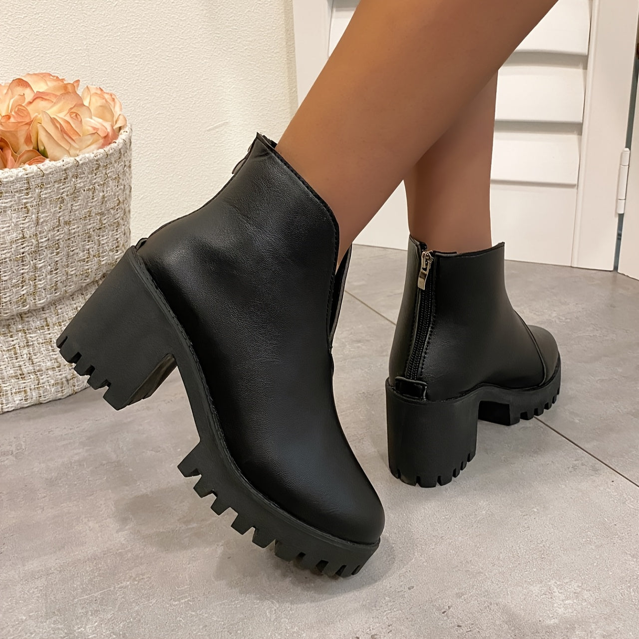 Women's Faux Cover Round Toe Chunky Ankle Boots Black Mid-Heel Durable