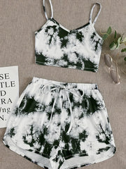 Plus Size Women's Tie Dye Cotton Pajama Set V Neck Crop Top & Shorts