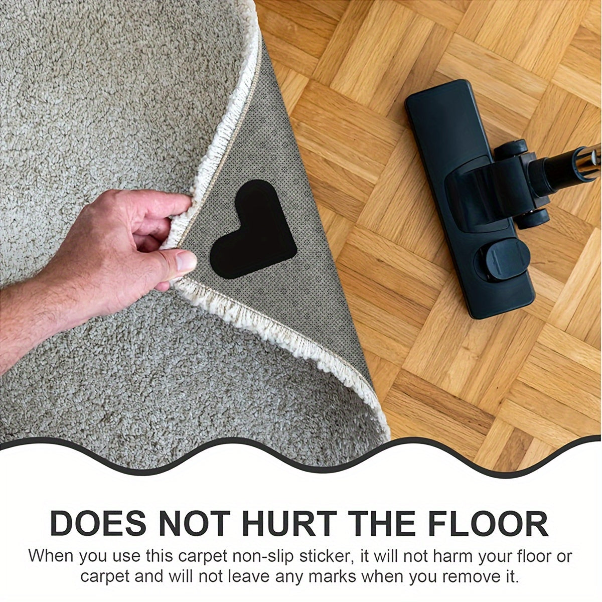 Set of 8 Black Heart-Shaped Carpet Grippers Non-Slip Washable Adhesive Stickers