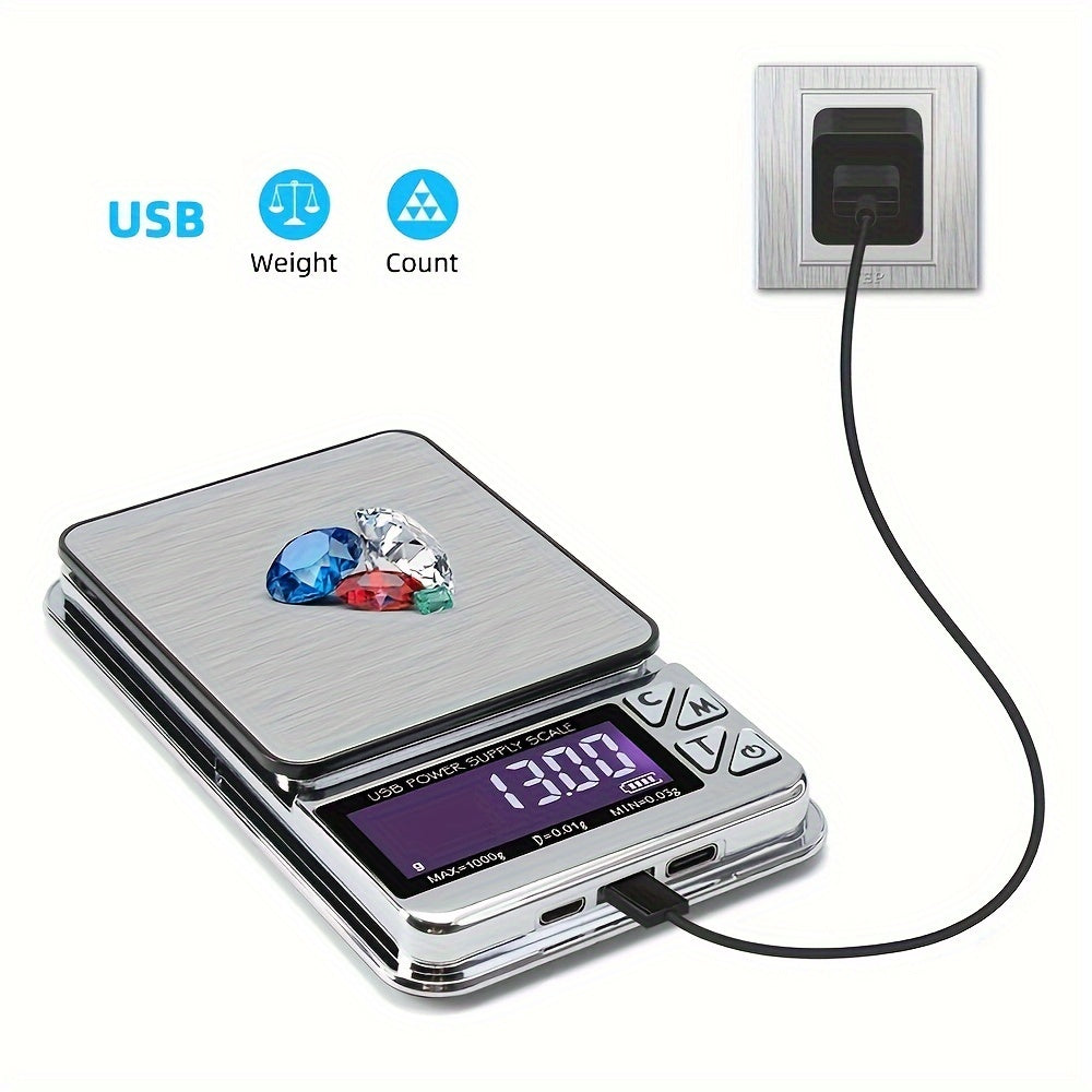 Stainless Steel Jewelry Scale Digital Display 1000g 0.01g Accuracy Rechargeable