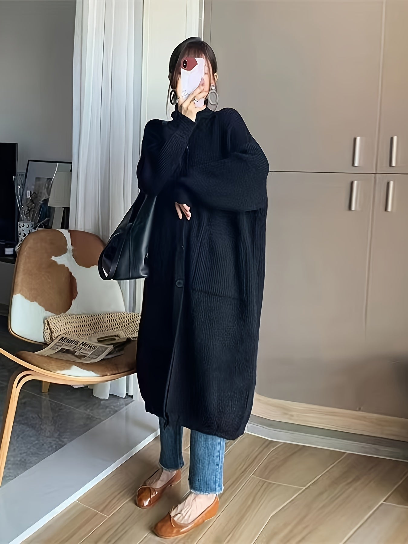 Plus Size Gray Knit Cardigan for Women Casual Fall Winter Long Sleeve Pockets Stand Collar