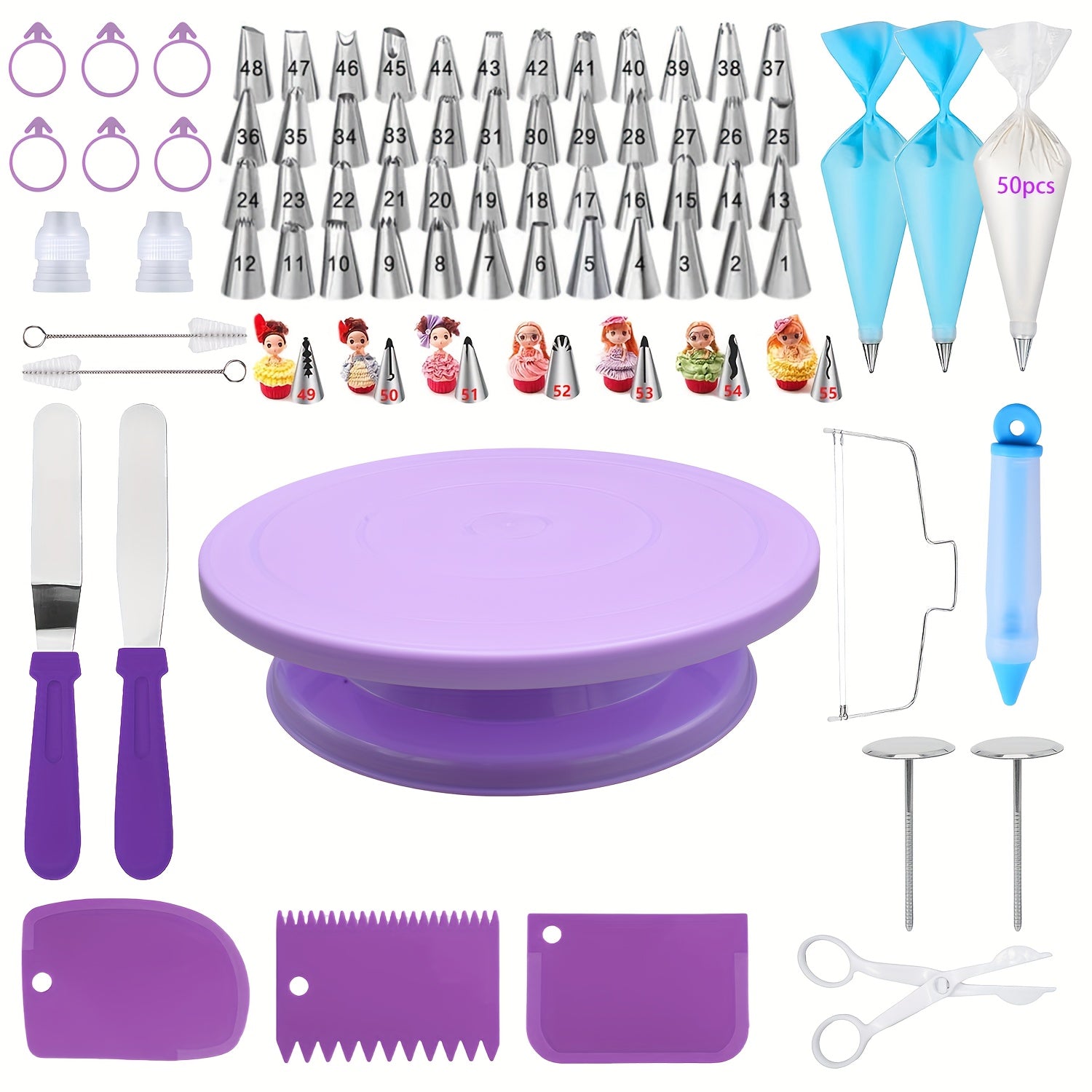 128-Piece Cake Decorating Kit with Pink Turntable Stainless Steel Piping Tips Pastry Bags Spatula and Tools