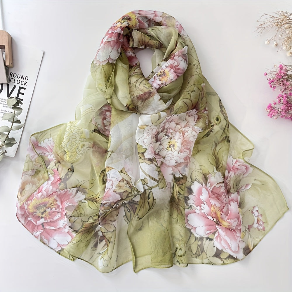 Women's Silk Scarf with Peony Design for Spring and Summer