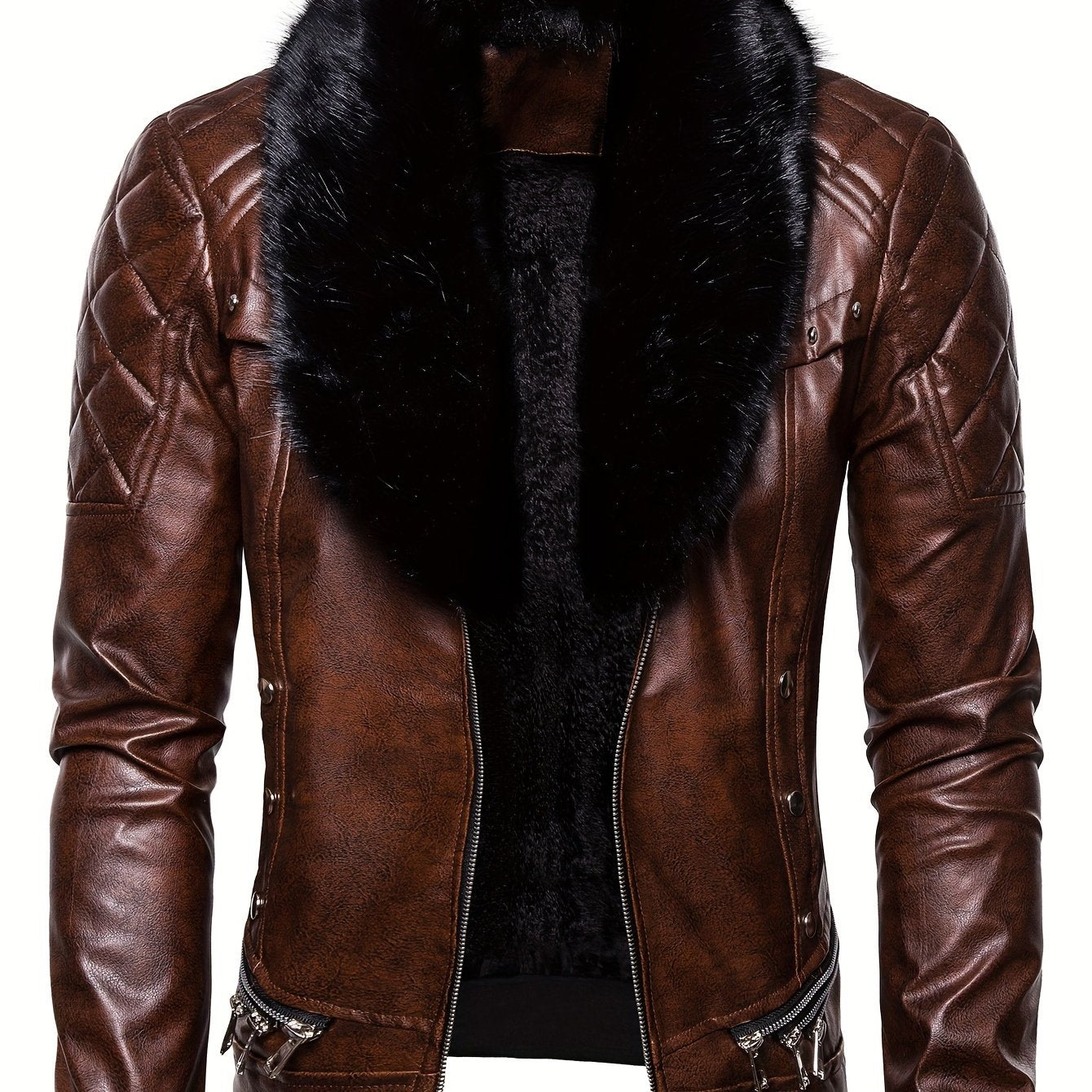 Men's Middle Eastern Style Polyester Jacket with Detachable Fur Collar and Zipper