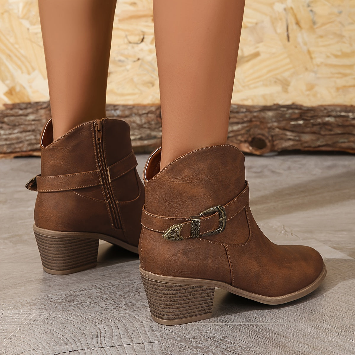 Women's Solid Color Ankle Boots With Zipper Buckle Chunky Heel