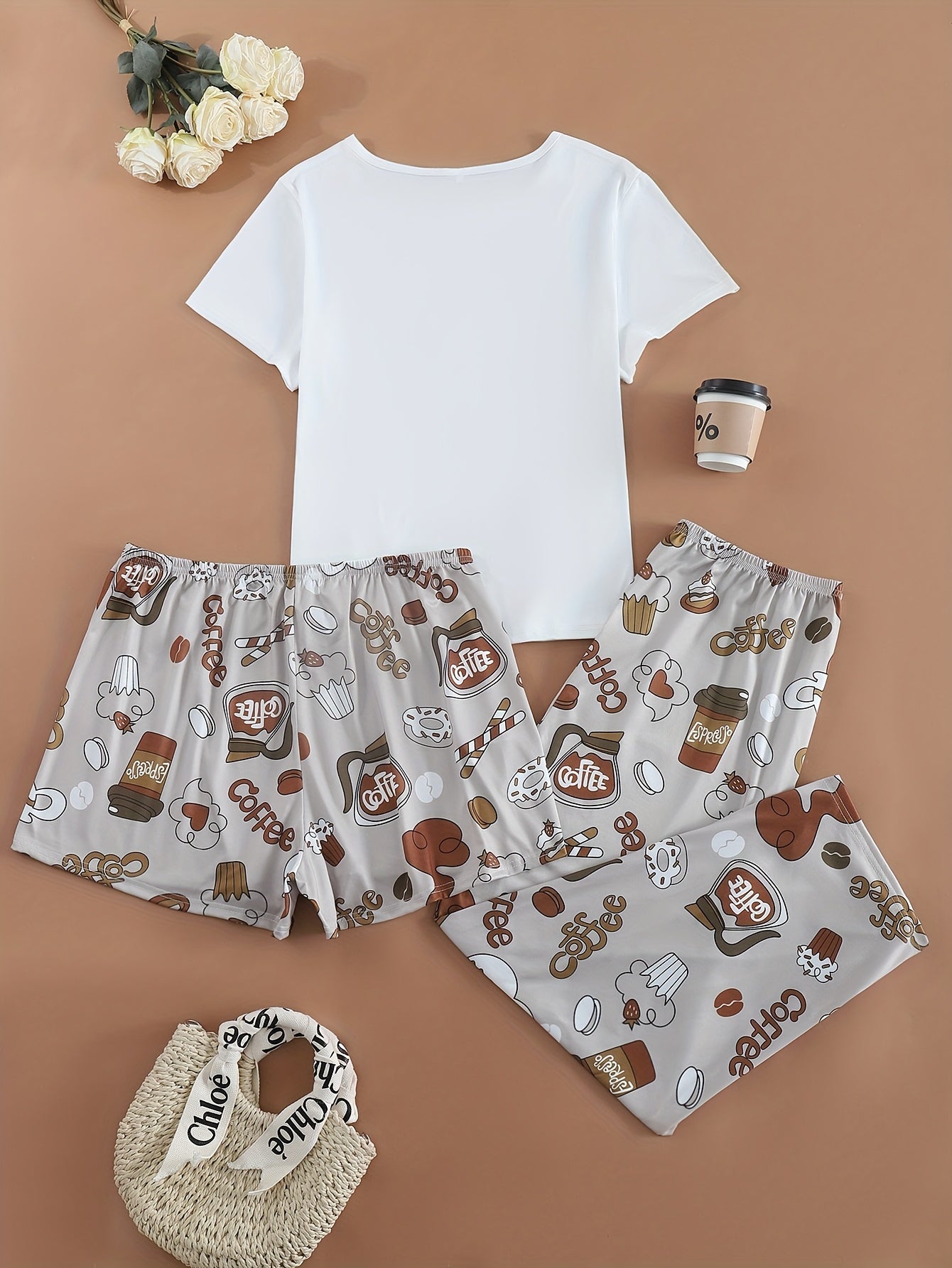 Plus Size Women’s Coffee Print Pajama Set Knit Polyester Elastane Sleepwear