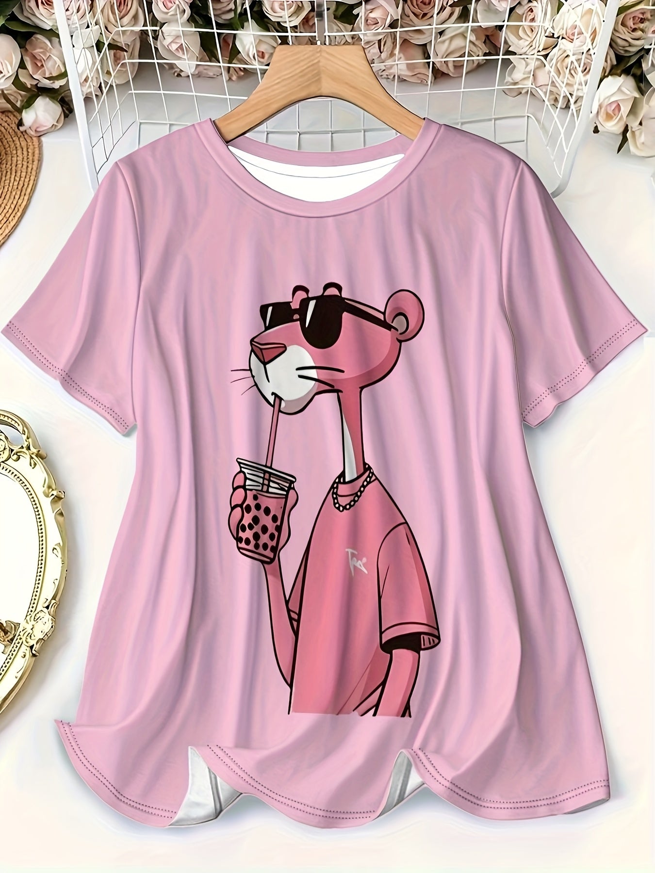 Plus Size Women's Pink Panther Graphic T-Shirt Casual Short Sleeve Comfortable