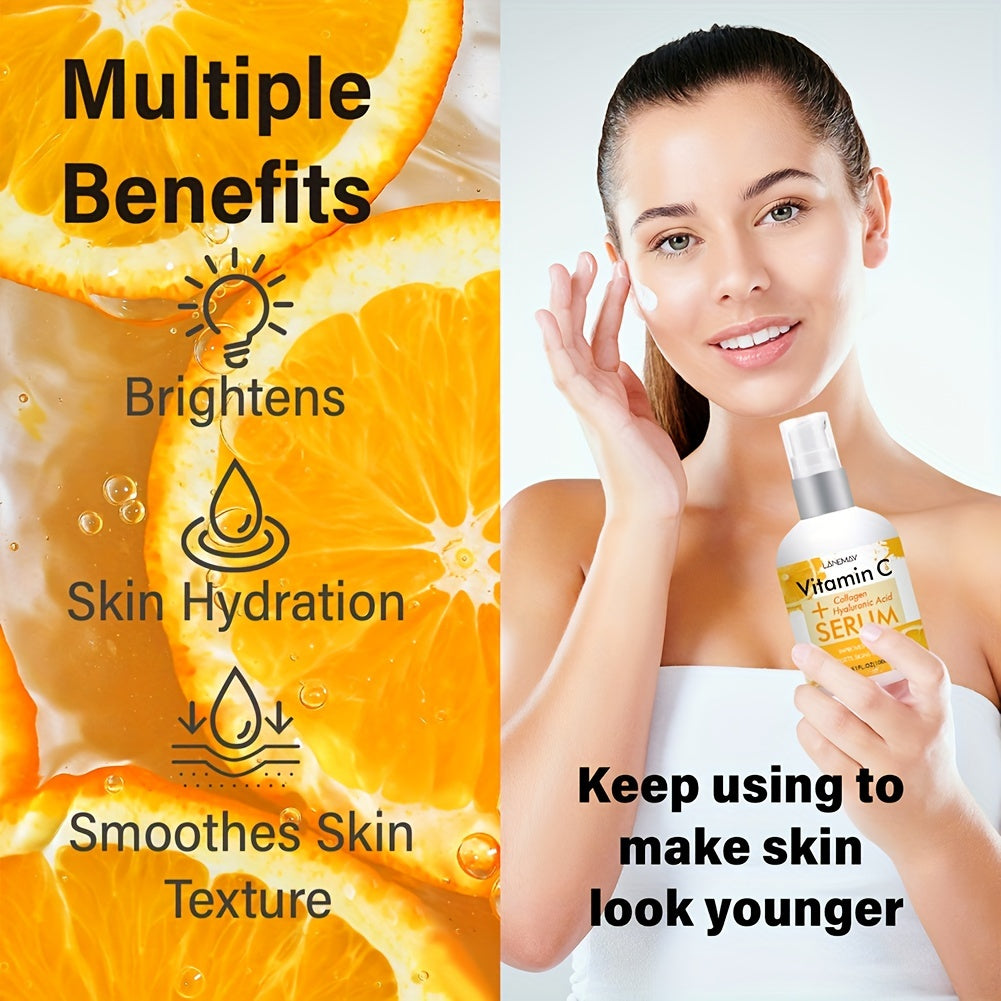 Lanemay Vitamin C va Kollagen Serumi: Namlantiruvchi, Yorituvchi va Gippoallergen, barcha teri turlari uchun mos. 3.4 fl. oz. shishada Gialuron kislotasi va Glicerin mavjud.